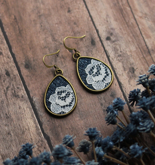 Denim And Lace Earrings, Unique Jewelry Gift