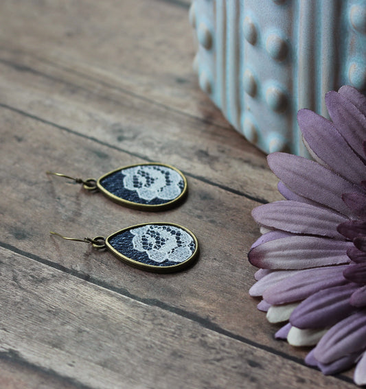 Denim And Lace Earrings, Unique Jewelry Gift