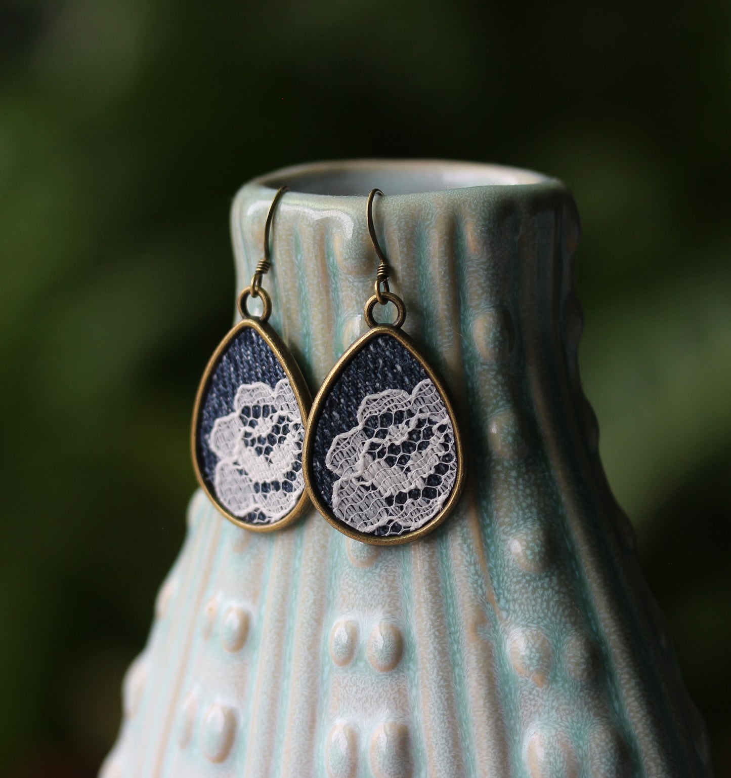 Denim And Lace Earrings, Unique Jewelry Gift