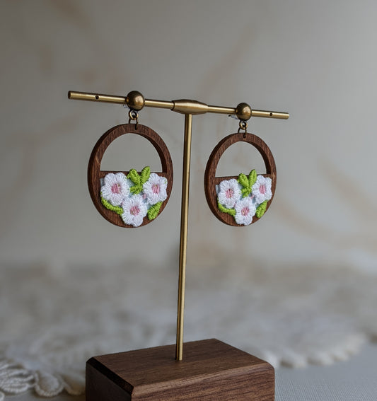 1970s Fabric Daisy Earrings - White, Pink, Green