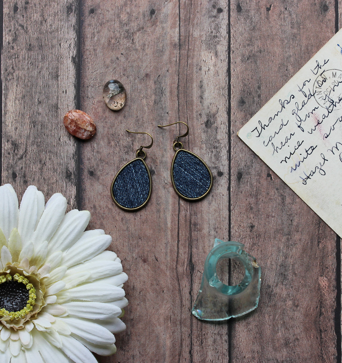 Denim Earrings, Vintage Blue Jean Teardrop Jewelry