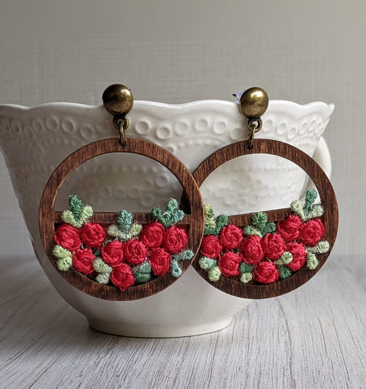 Red Rose Earrings, 1970s Vintage Fabric Red Flower Earrings, Cottagecore Jewelry
