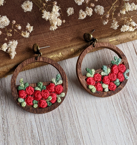 Red Rose Earrings, 1970s Vintage Fabric Red Flower Earrings, Cottagecore Jewelry