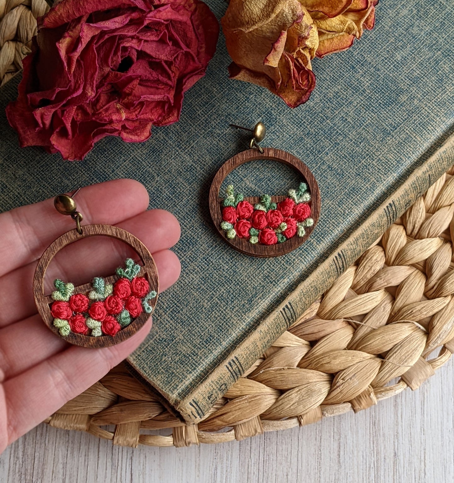 Red Rose Earrings, 1970s Vintage Fabric Red Flower Earrings, Cottagecore Jewelry