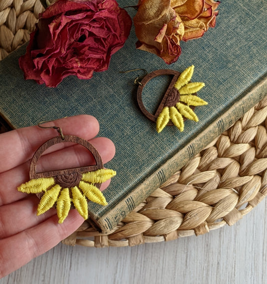 Yellow Sunflower Earrings, Large Half Flower Dangles, Boho Hippie Vintage 90s Fabric
