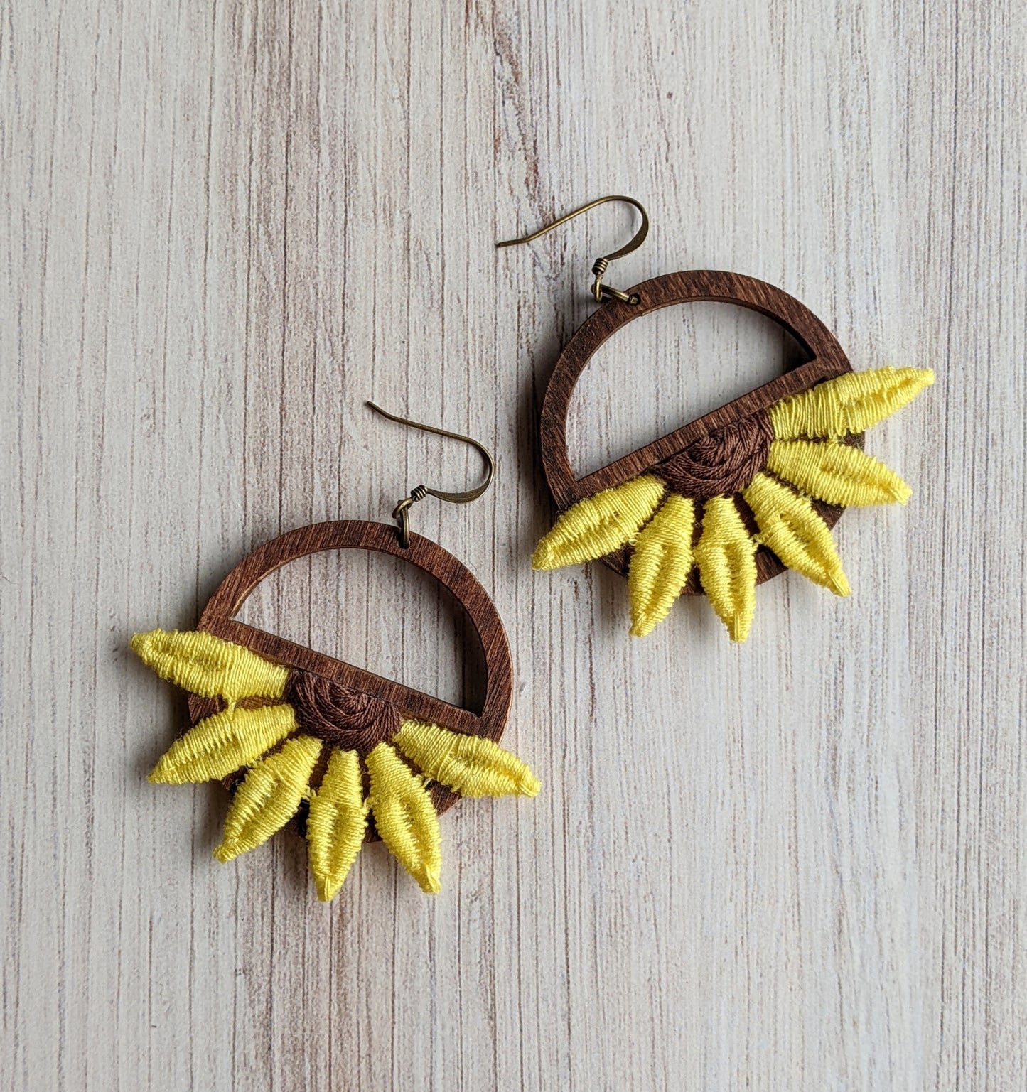 Yellow Sunflower Earrings, Large Half Flower Dangles, Boho Hippie Vintage 90s Fabric