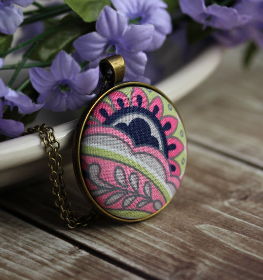Colorful Boho Necklace, Pink, Green, Navy