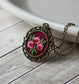 Small Rose Necklace, Burgundy, Pink, And Green, Fabric In Pendant