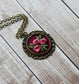 Small Rose Necklace, Burgundy, Pink, And Green, Fabric In Pendant