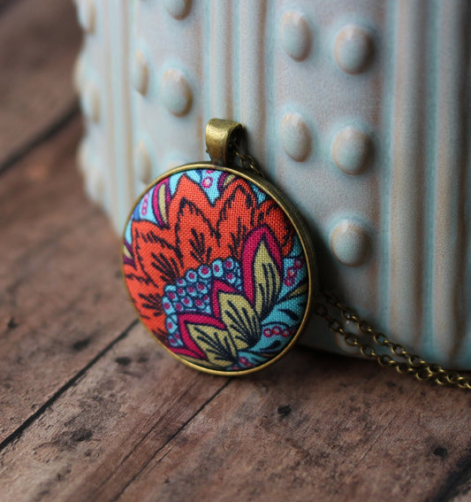 Bright Floral Orange Necklace, Unique Fabric