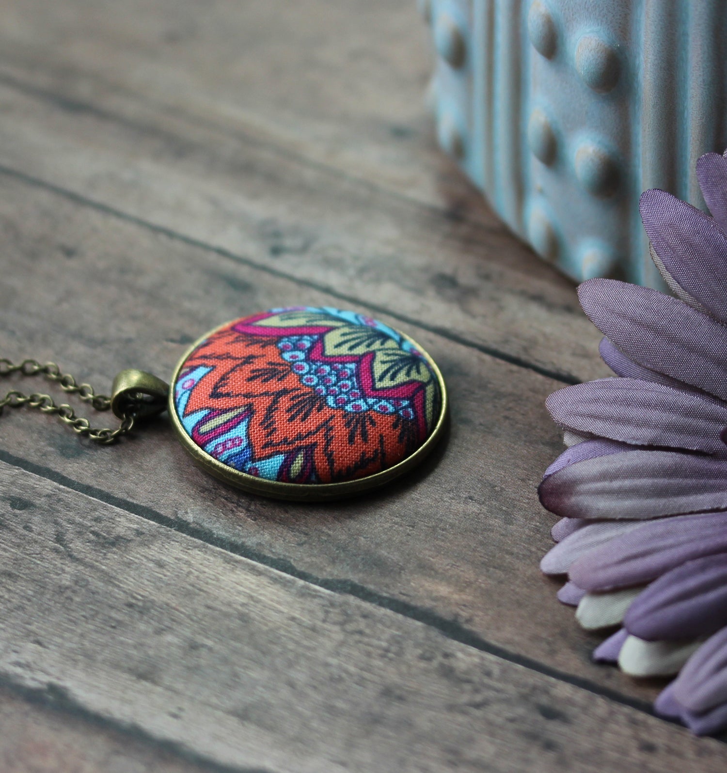 Bright Floral Orange Necklace, Unique Fabric