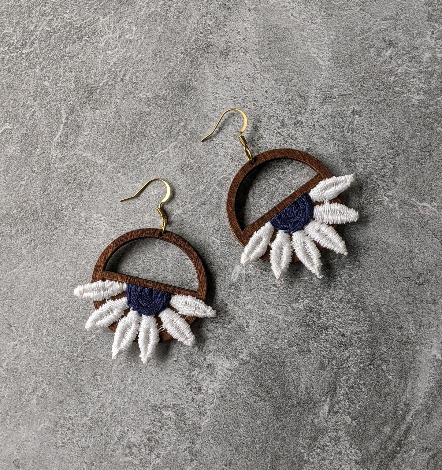 Half Daisy Earrings Made With Vintage 90s Fabric Flowers And Wood Hoops - Navy Blue And White