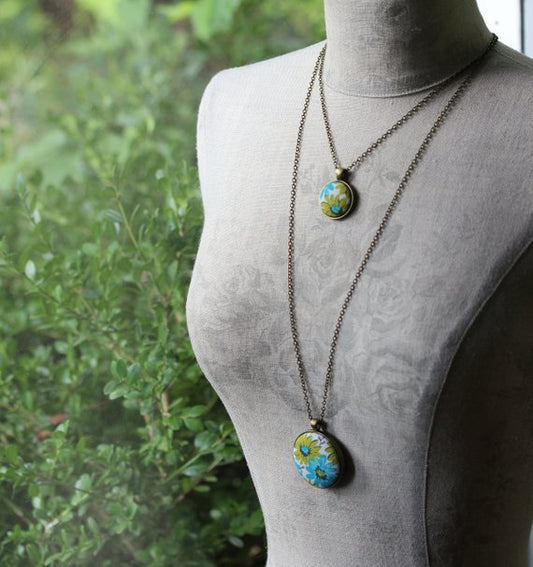 Retro Necklace, Chartreuse Green And Blue Floral Fabric Pendant