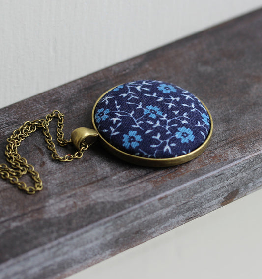 Navy Blue Hippie Necklace, Vintage Floral Fabric Jewelry