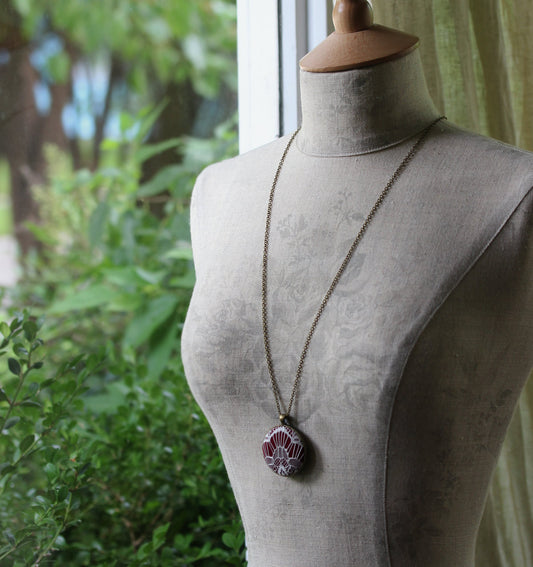 Burgundy Necklace, White Art Deco Lace Jewelry