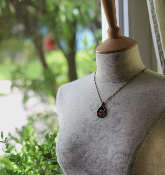 Rose Necklace, Teardrop Pendant, Navy Blue And Pink