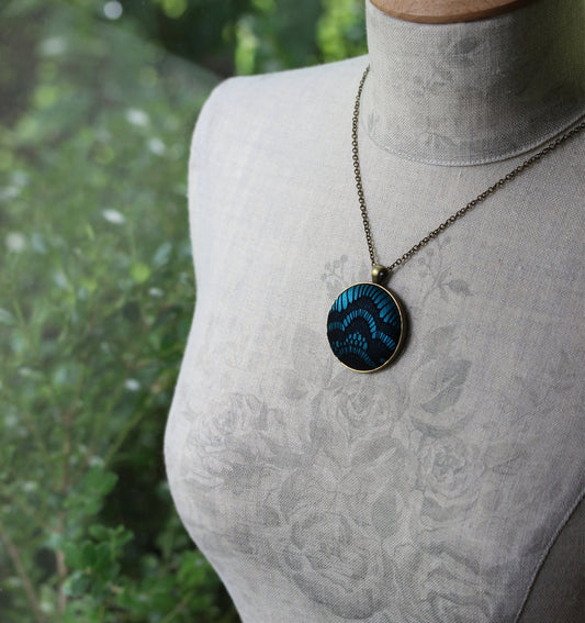 Black and Teal Necklace, Large Lace Pendant