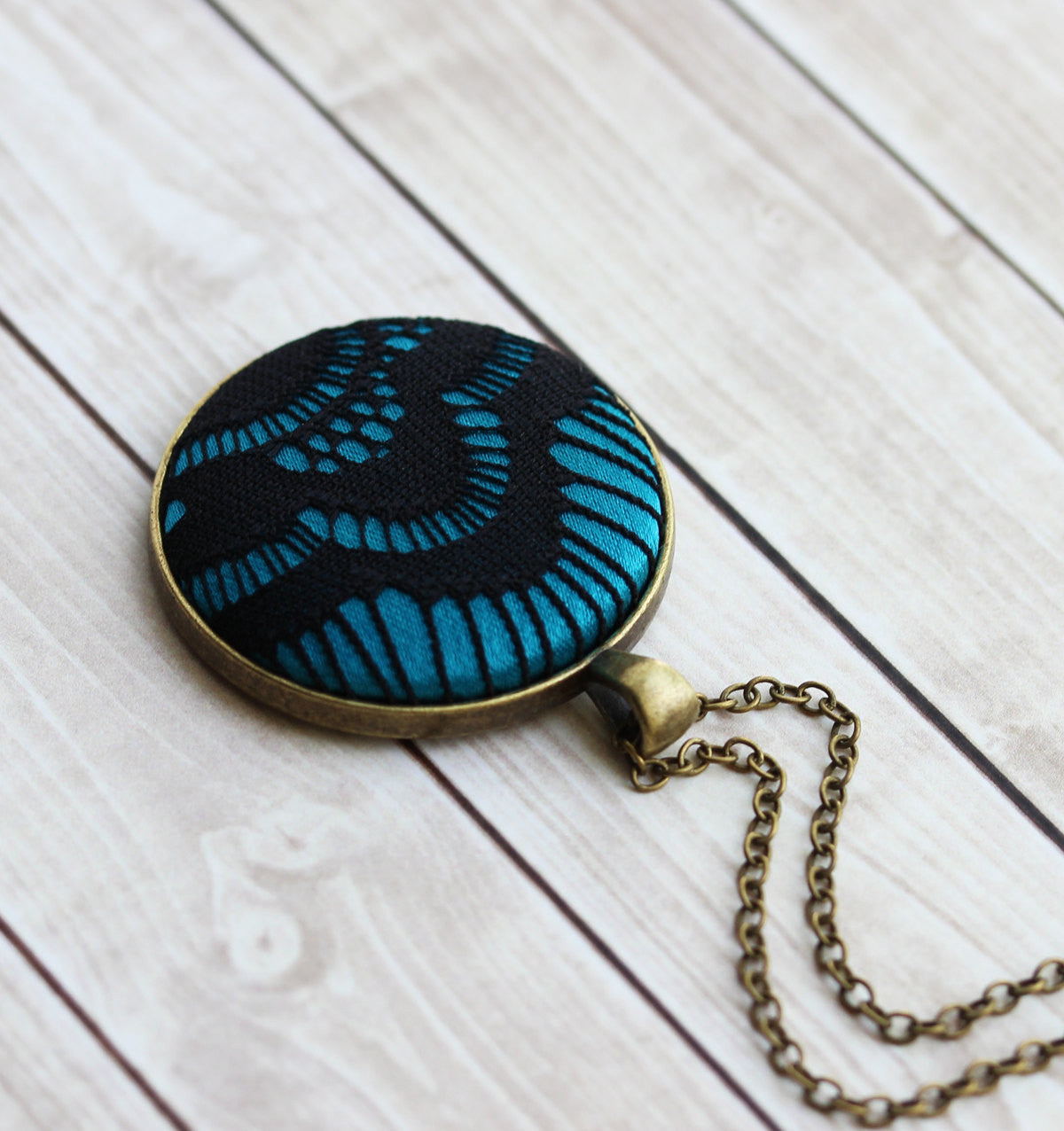 Black and Teal Necklace, Large Lace Pendant