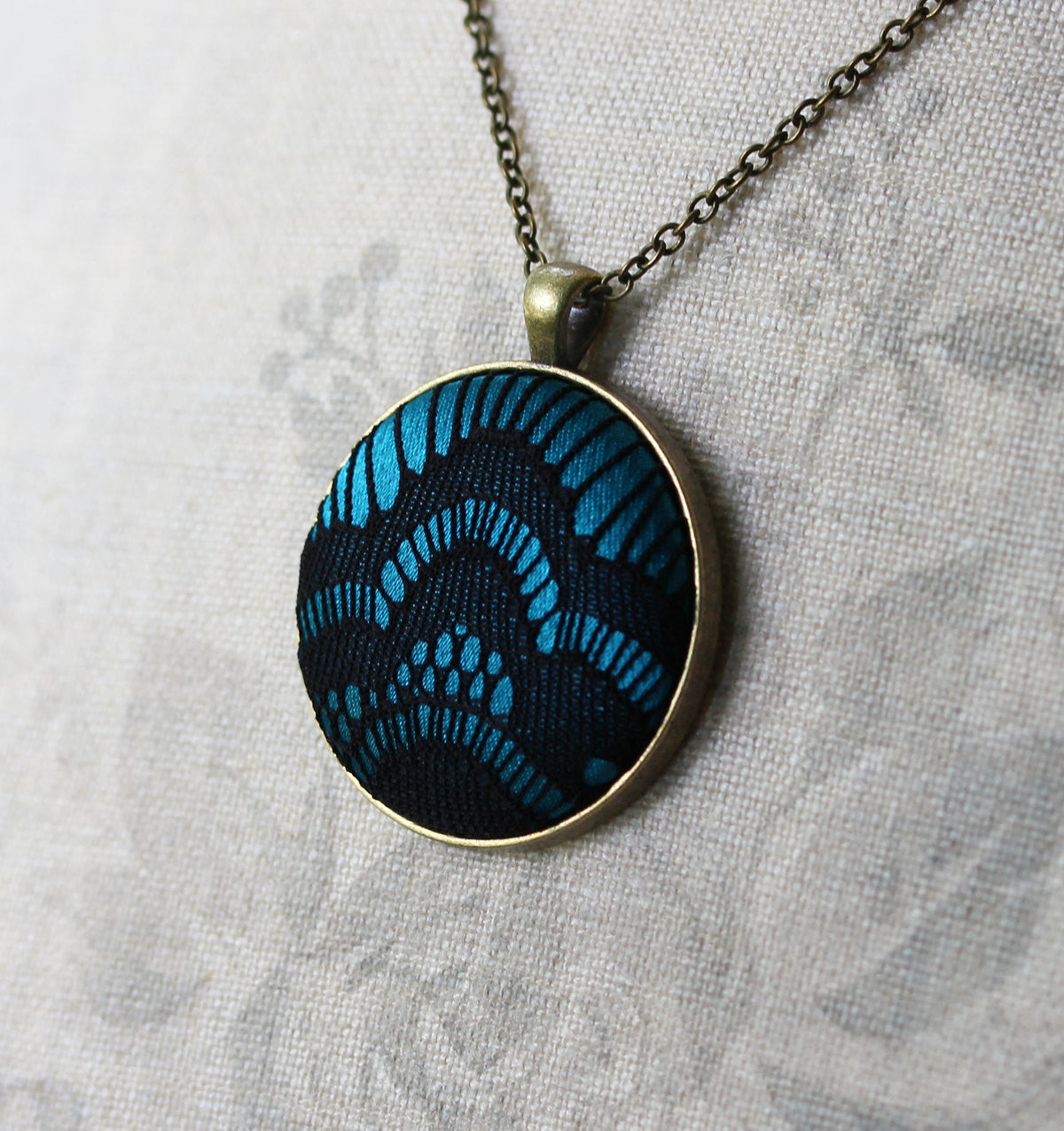 Black and Teal Necklace, Large Lace Pendant