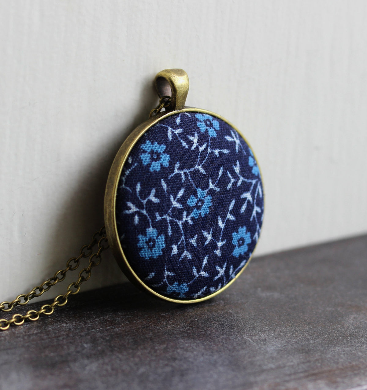 Navy Blue Hippie Necklace, Vintage Floral Fabric Jewelry