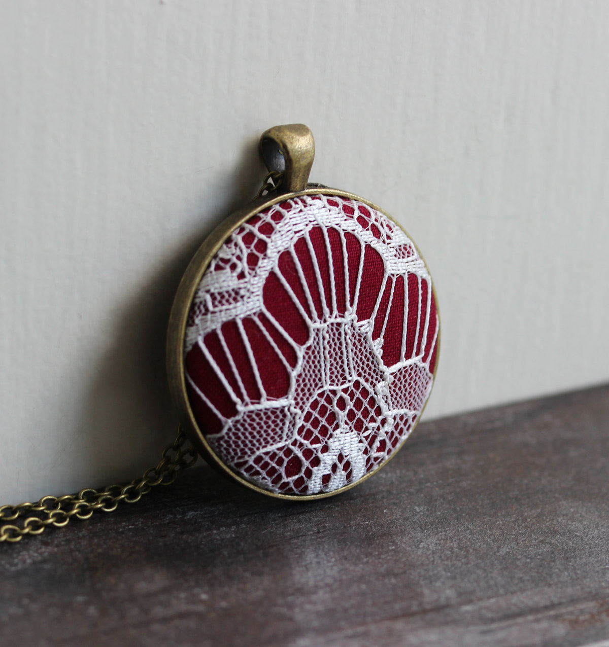 Burgundy Necklace, White Art Deco Lace Jewelry