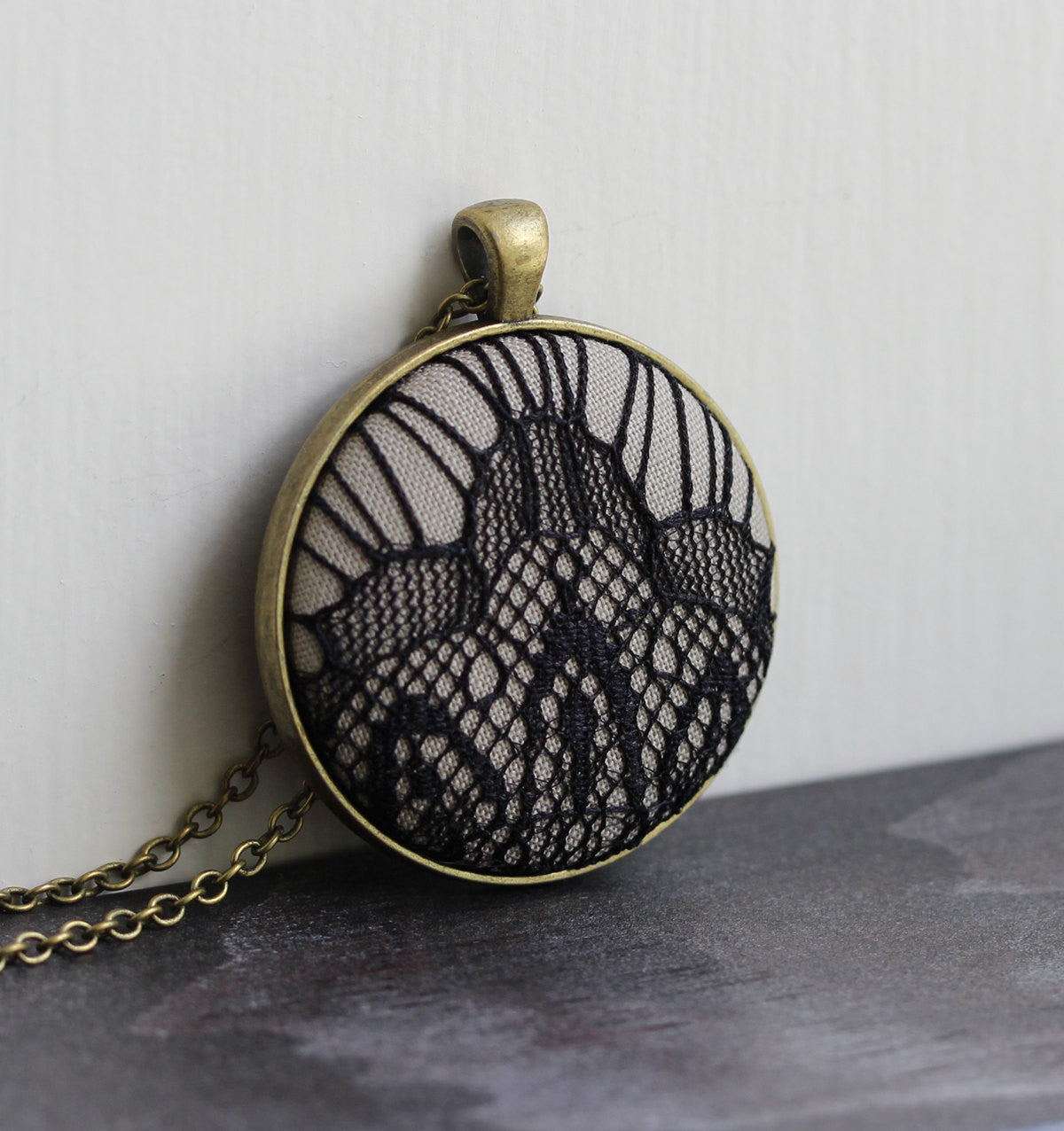 Large Beige And Black Pendant, Art Deco Lace Jewelry