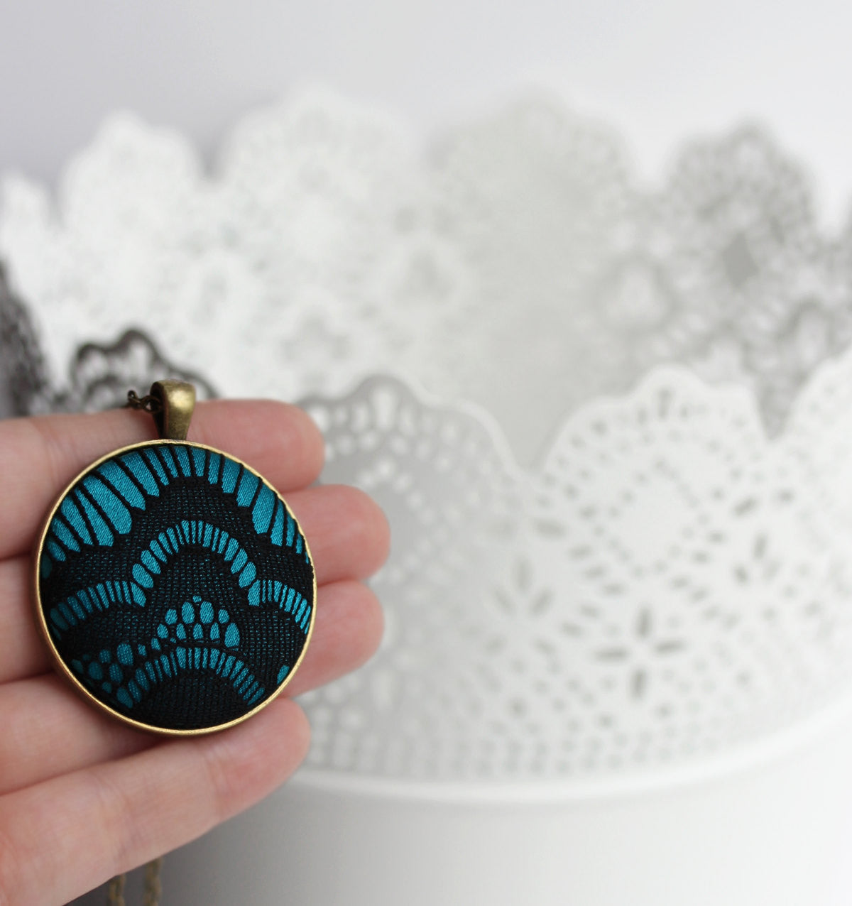 Black and Teal Necklace, Large Lace Pendant