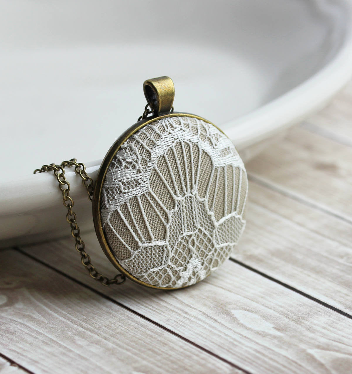 Modern Large Pendant With Art Deco Lace, Beige And White
