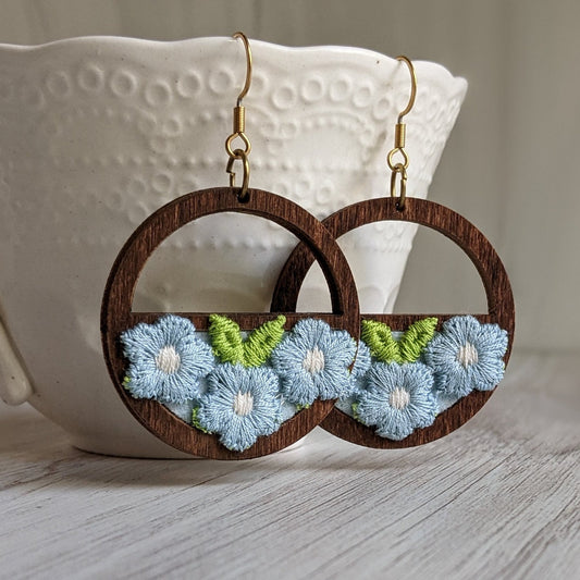 Whimsical Pastel Blue Daisy Earrings Made With Vintage Flowers And Wood Hoops