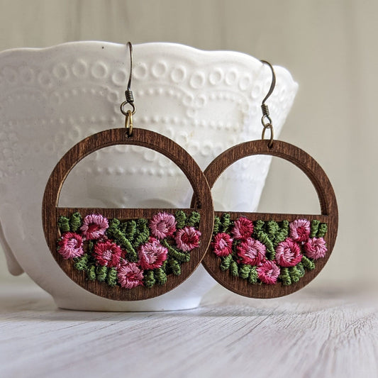 English Rose Garden Earrings, Vintage Pink And Green Fabric, Wood Hoops