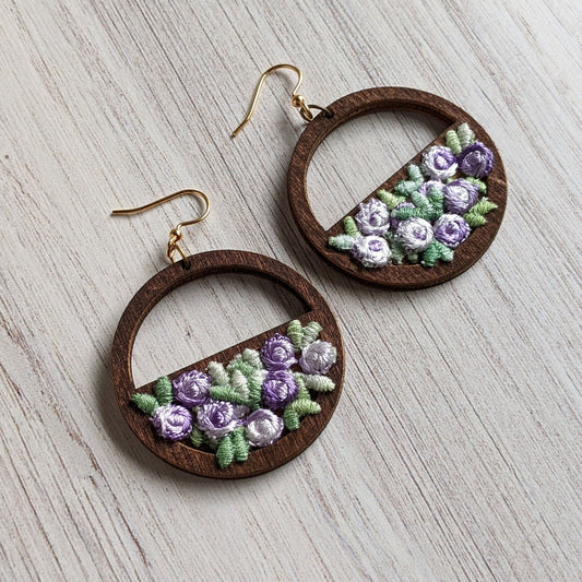 Vintage Lavender And Sage Green Flower Earrings On Wood Hoops