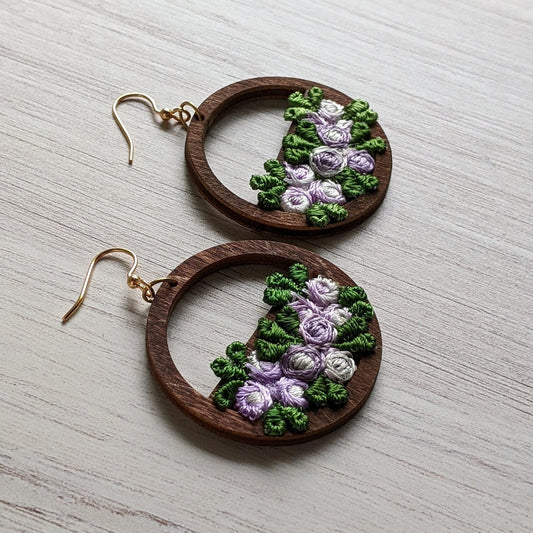 Whimsical Flower Basket Earrings, Vintage Purple And Green Fabric And Wood Hoops