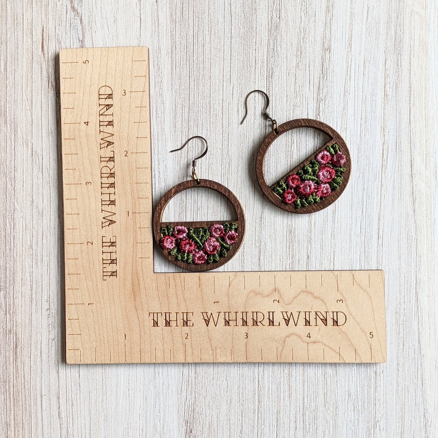 English Rose Garden Earrings, Vintage Pink And Green Fabric, Wood Hoops