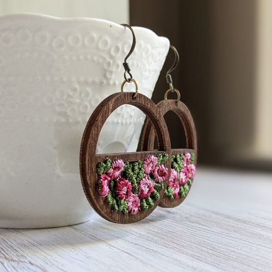English Rose Garden Earrings, Vintage Pink And Green Fabric, Wood Hoops
