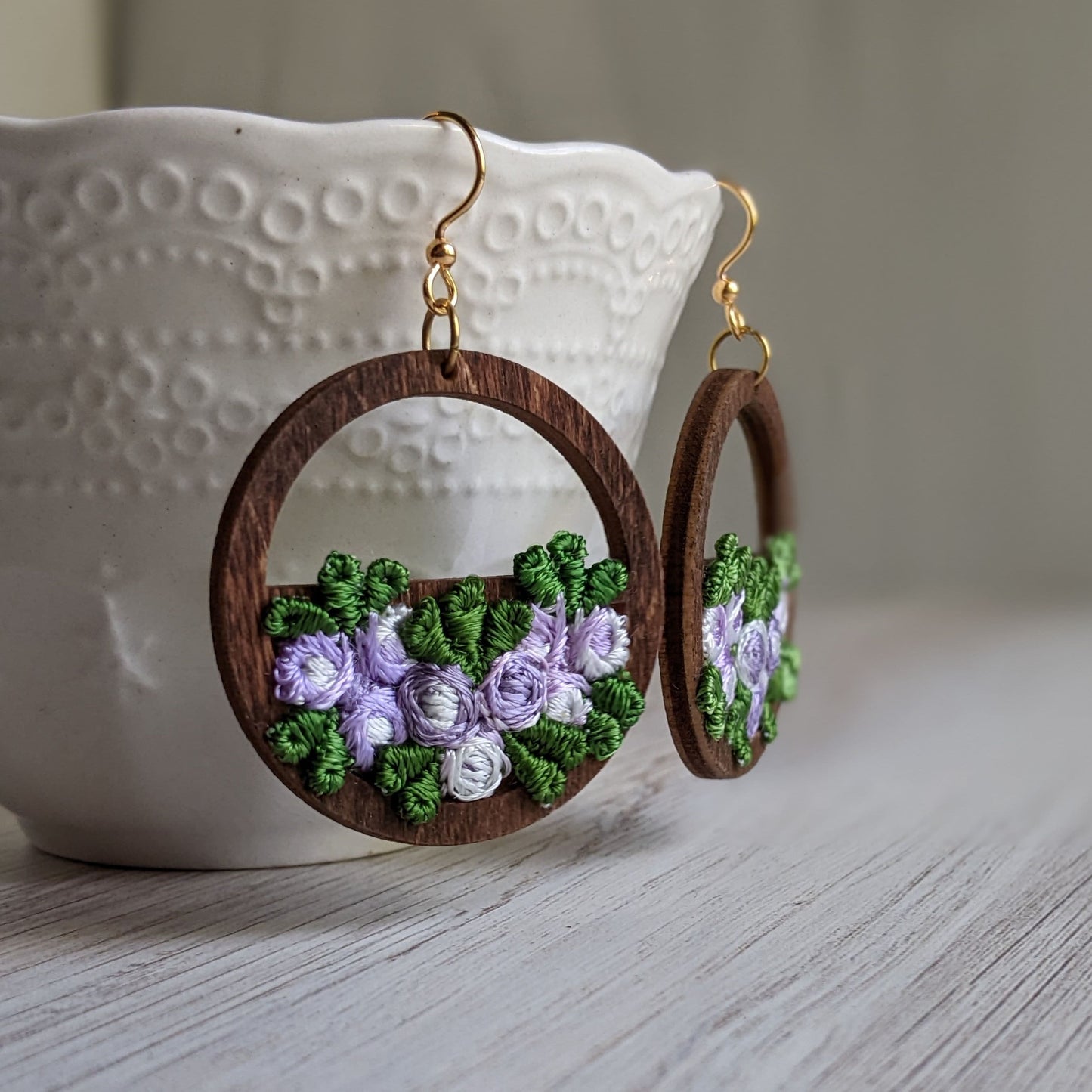 Whimsical Flower Basket Earrings, Vintage Purple And Green Fabric And Wood Hoops