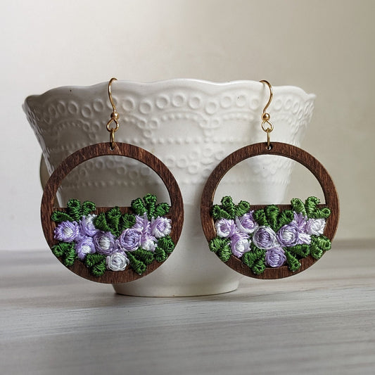 Whimsical Flower Basket Earrings, Vintage Purple And Green Fabric And Wood Hoops