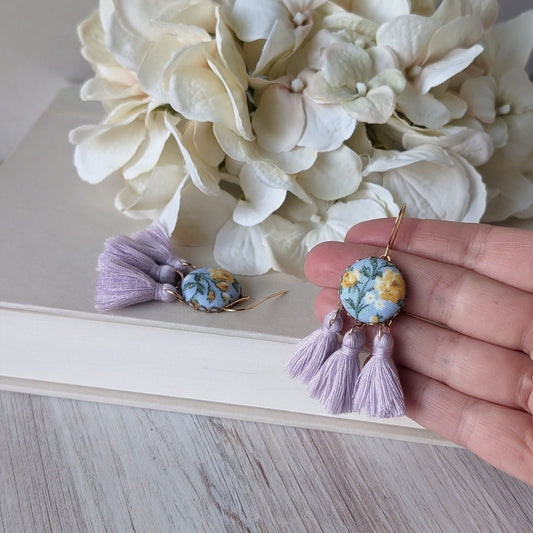 Pastel Earrings With Yellow Roses On Sky Blue Vintage Fabric With Lavender Tassels