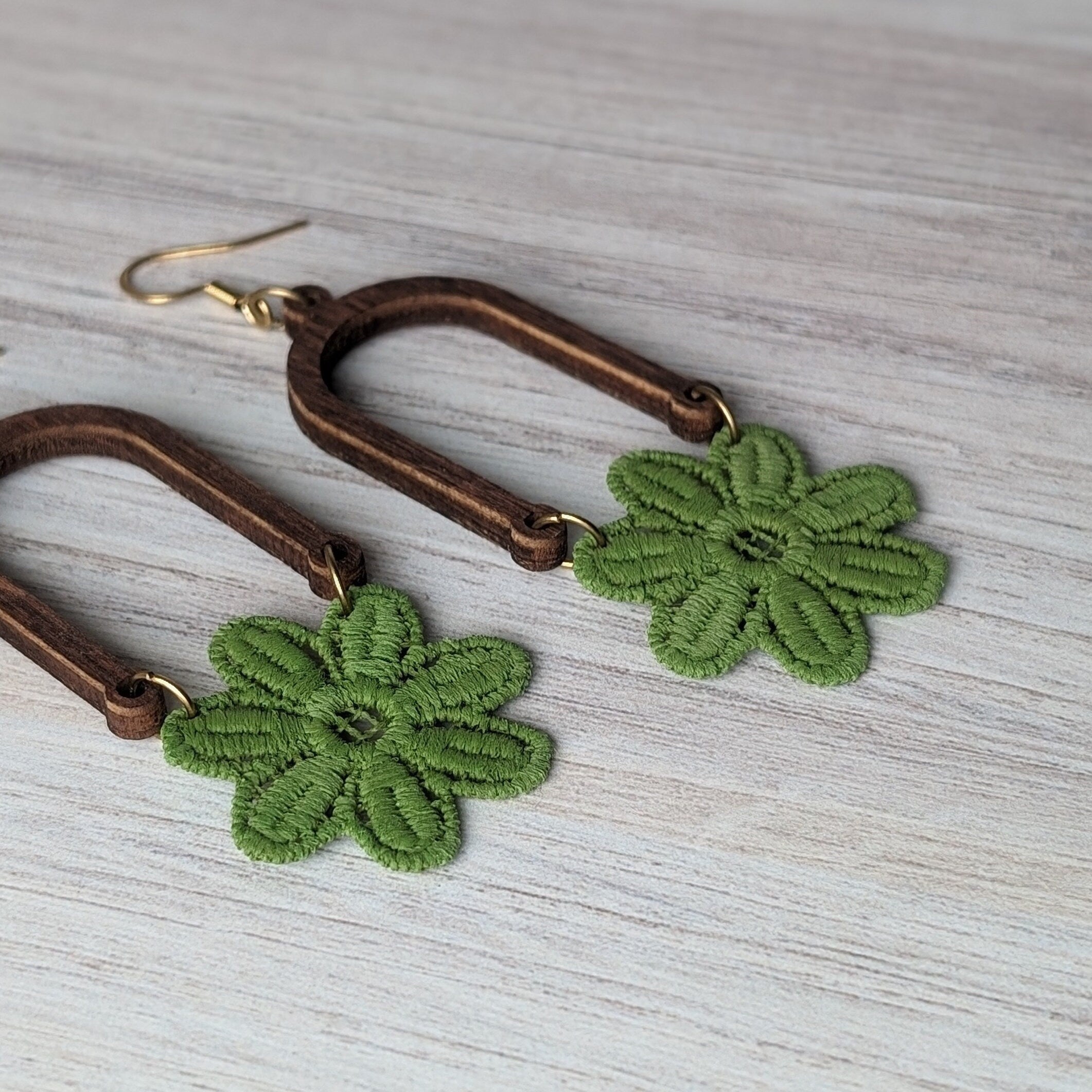 Avocado Green 1970s Style Retro Flower Power Earrings - Hand Painted