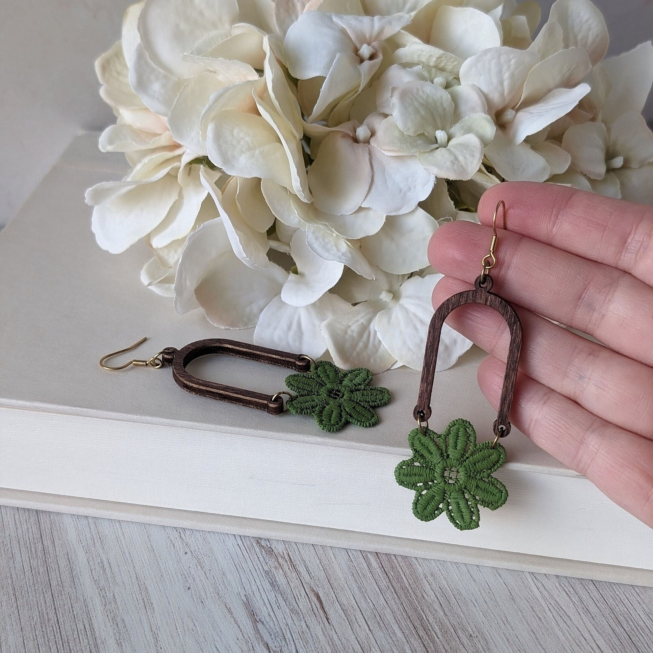 Avocado Green 1970s Style Retro Flower Power Earrings - Hand Painted