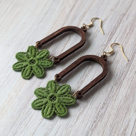 Avocado Green 1970s Style Retro Flower Power Earrings - Hand Painted