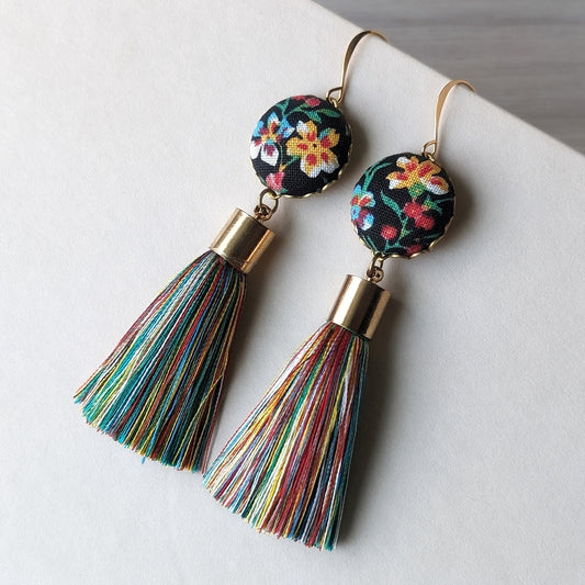 Colorful Funky Earrings Handmade With Vintage Floral Fabric, Primary Color Tassels