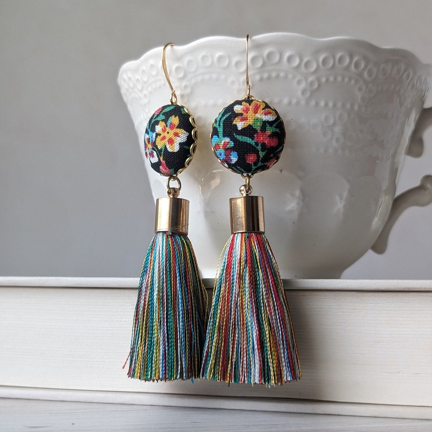 Colorful Funky Earrings Handmade With Vintage Floral Fabric, Primary Color Tassels