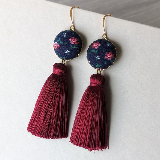 1950s Style Vintage Floral Fabric Earrings With Long Tassels - Navy And Burgundy