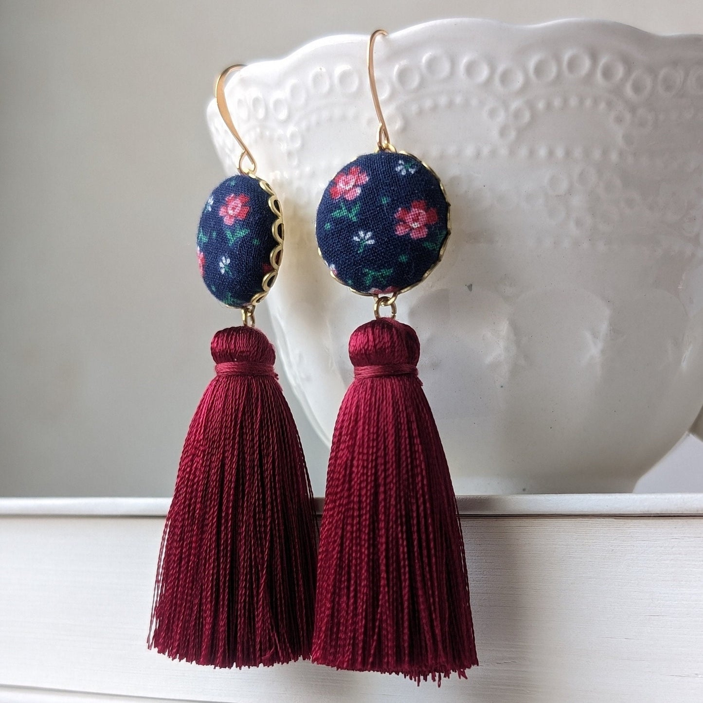 1950s Style Vintage Floral Fabric Earrings With Long Tassels - Navy And Burgundy