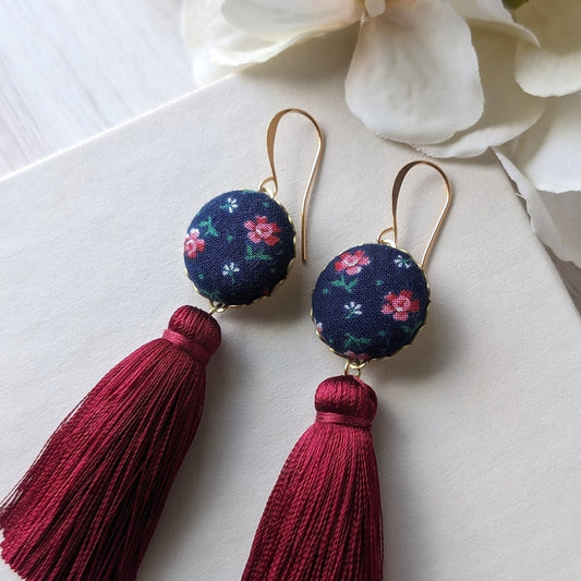 1950s Style Vintage Floral Fabric Earrings With Long Tassels - Navy And Burgundy