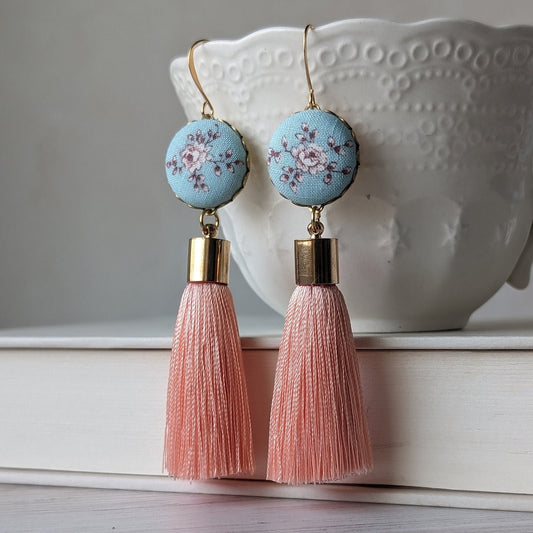Aqua Blue And Peach Coral Earrings Handmade With Vintage Floral Fabric