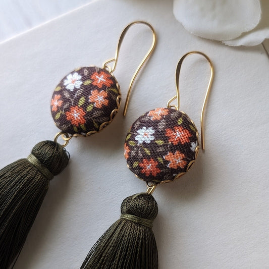 Hippie 1970s Earrings, Vintage Floral Fabric Jewelry In Moss Green, Orange, Brown