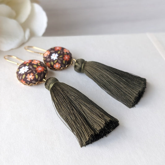 Hippie 1970s Earrings, Vintage Floral Fabric Jewelry In Moss Green, Orange, Brown