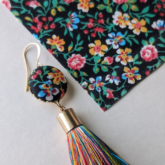 Colorful Funky Earrings Handmade With Vintage Floral Fabric, Primary Color Tassels