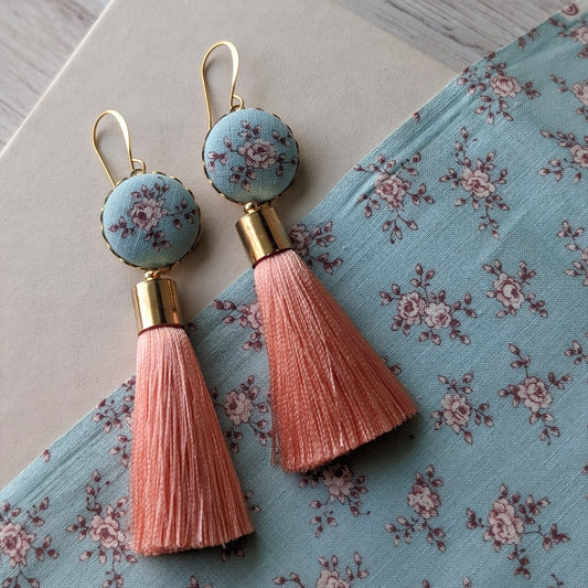 Aqua Blue And Peach Coral Earrings Handmade With Vintage Floral Fabric
